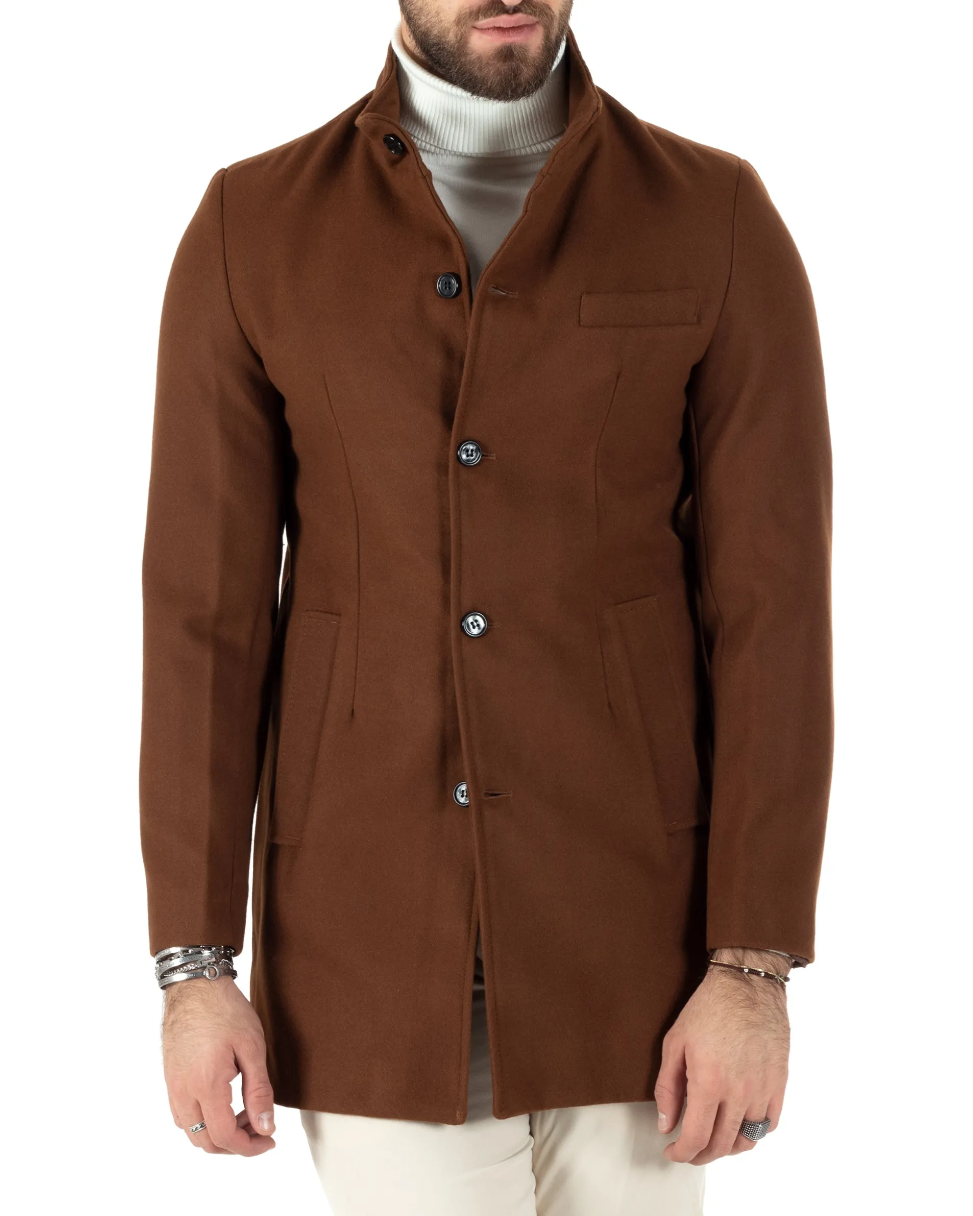 Cappotto Monopetto Uomo Giacca Collo Coreano Giaccone Lungo Tabacco Baronetto Elegante GIOSAL-CO1019A