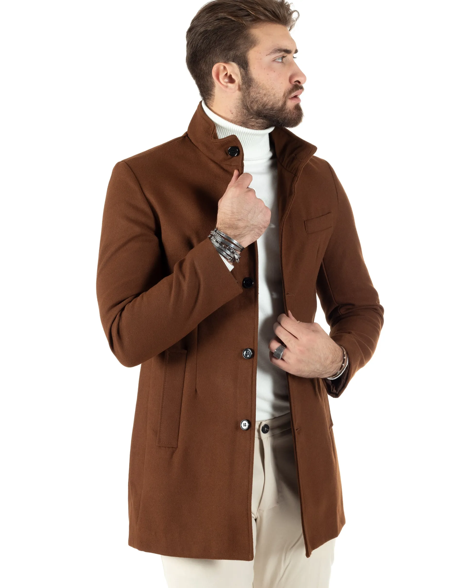 Cappotto Monopetto Uomo Giacca Collo Coreano Giaccone Lungo Tabacco Baronetto Elegante GIOSAL-CO1019A