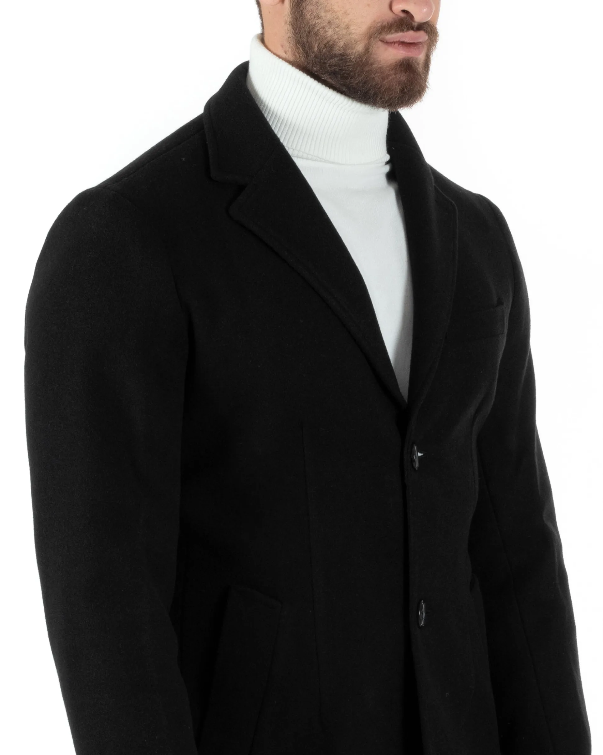 Cappotto Monopetto Uomo Giacca Colletto Rever Giaccone Tinta Unita Nero Baronetto Elegante GIOSAL-CO1002A