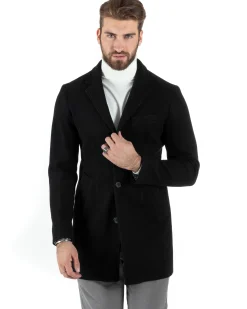Cappotto Monopetto Uomo Giacca Colletto Rever Giaccone Tinta Unita Nero Baronetto Elegante GIOSAL-CO1002A