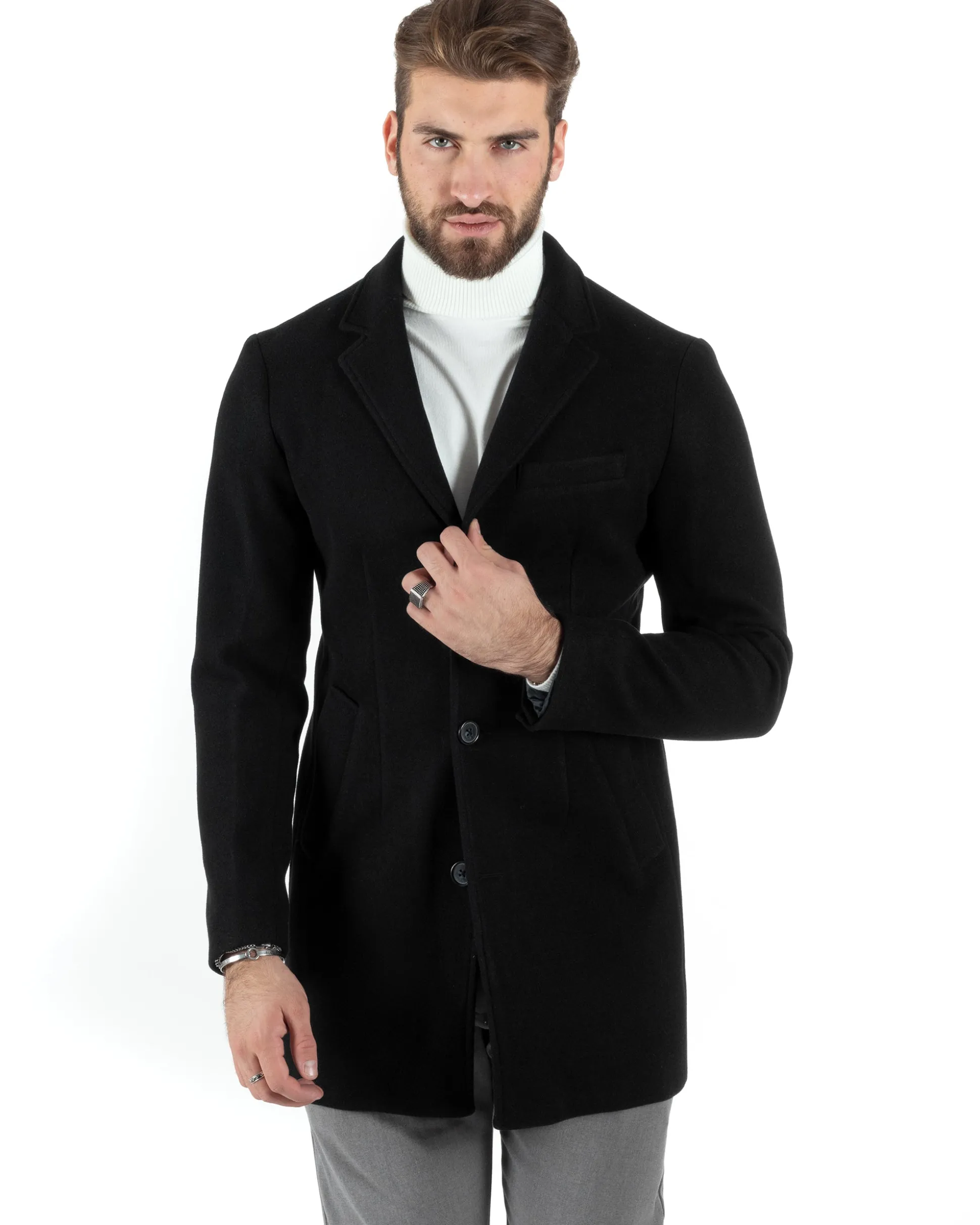 Cappotto Monopetto Uomo Giacca Colletto Rever Giaccone Tinta Unita Nero Baronetto Elegante GIOSAL-CO1002A