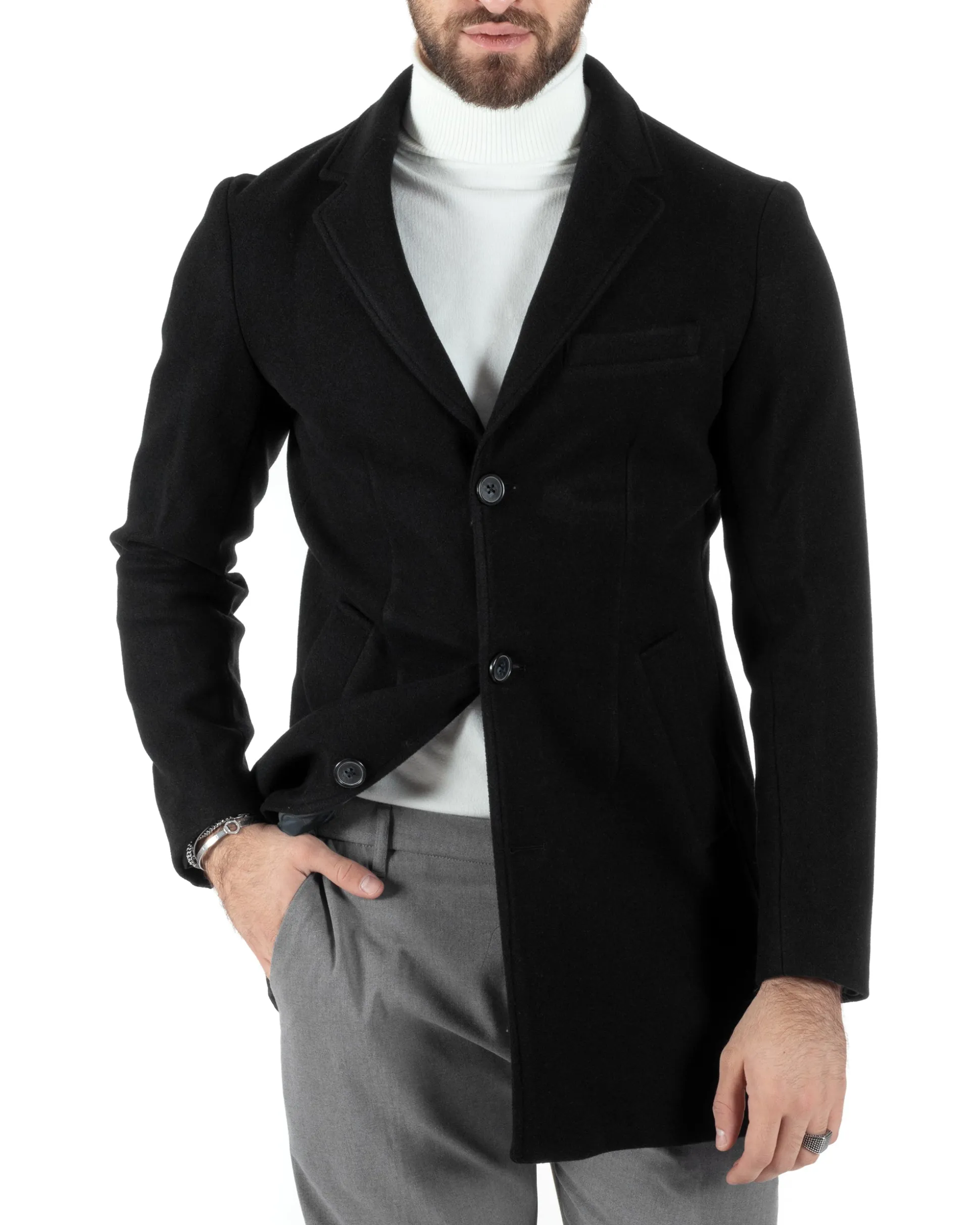Cappotto Monopetto Uomo Giacca Colletto Rever Giaccone Tinta Unita Nero Baronetto Elegante GIOSAL-CO1002A