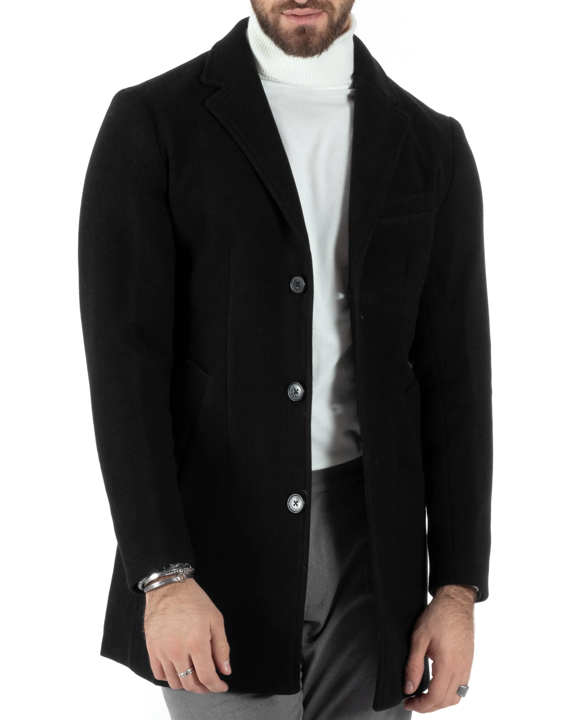 Cappotto Monopetto Uomo Giacca Colletto Rever Giaccone Tinta Unita Nero Baronetto Elegante GIOSAL-CO1002A