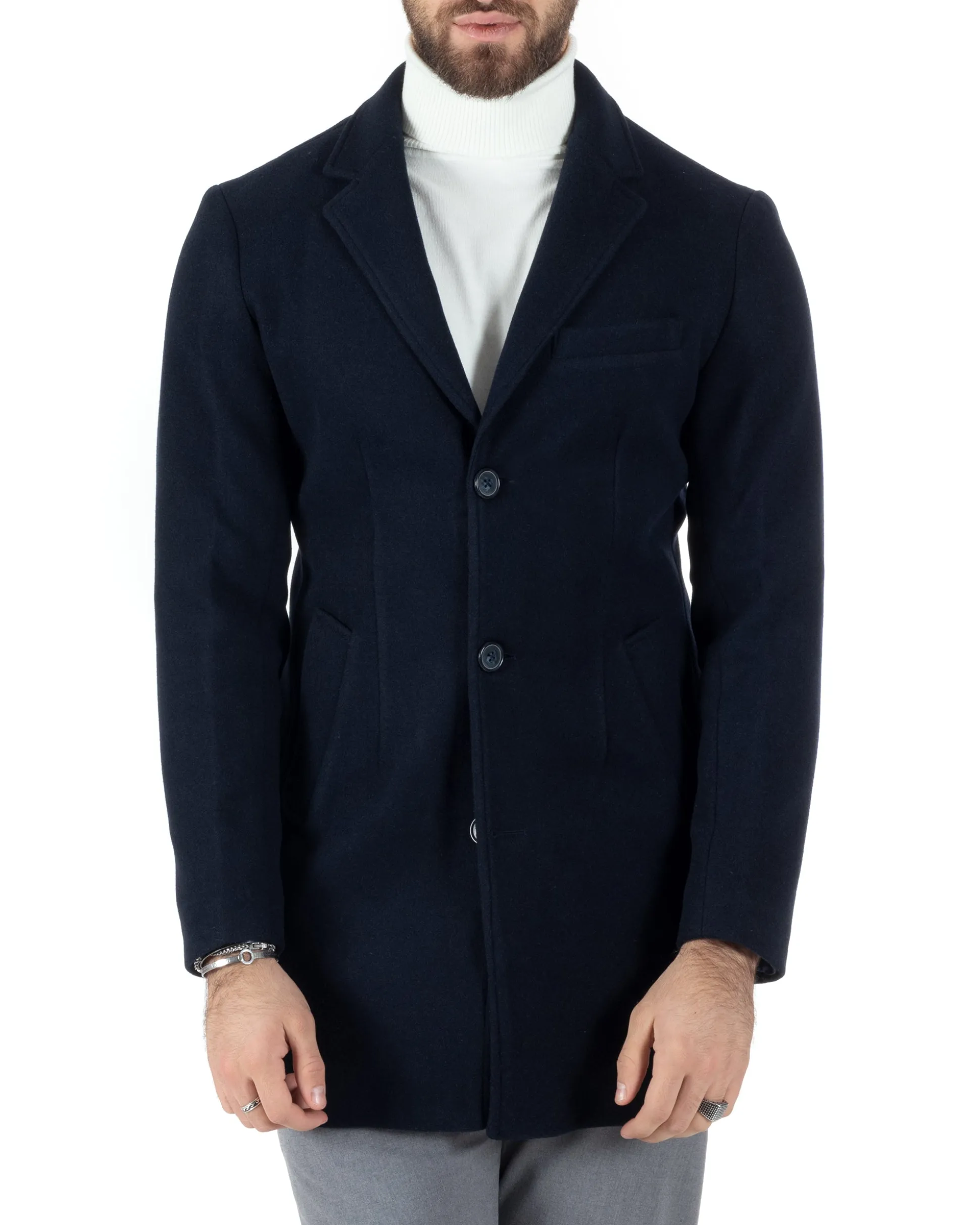 Cappotto Monopetto Uomo Giacca Colletto Rever Giaccone Tinta Unita Blu Baronetto Elegante GIOSAL-CO1000A