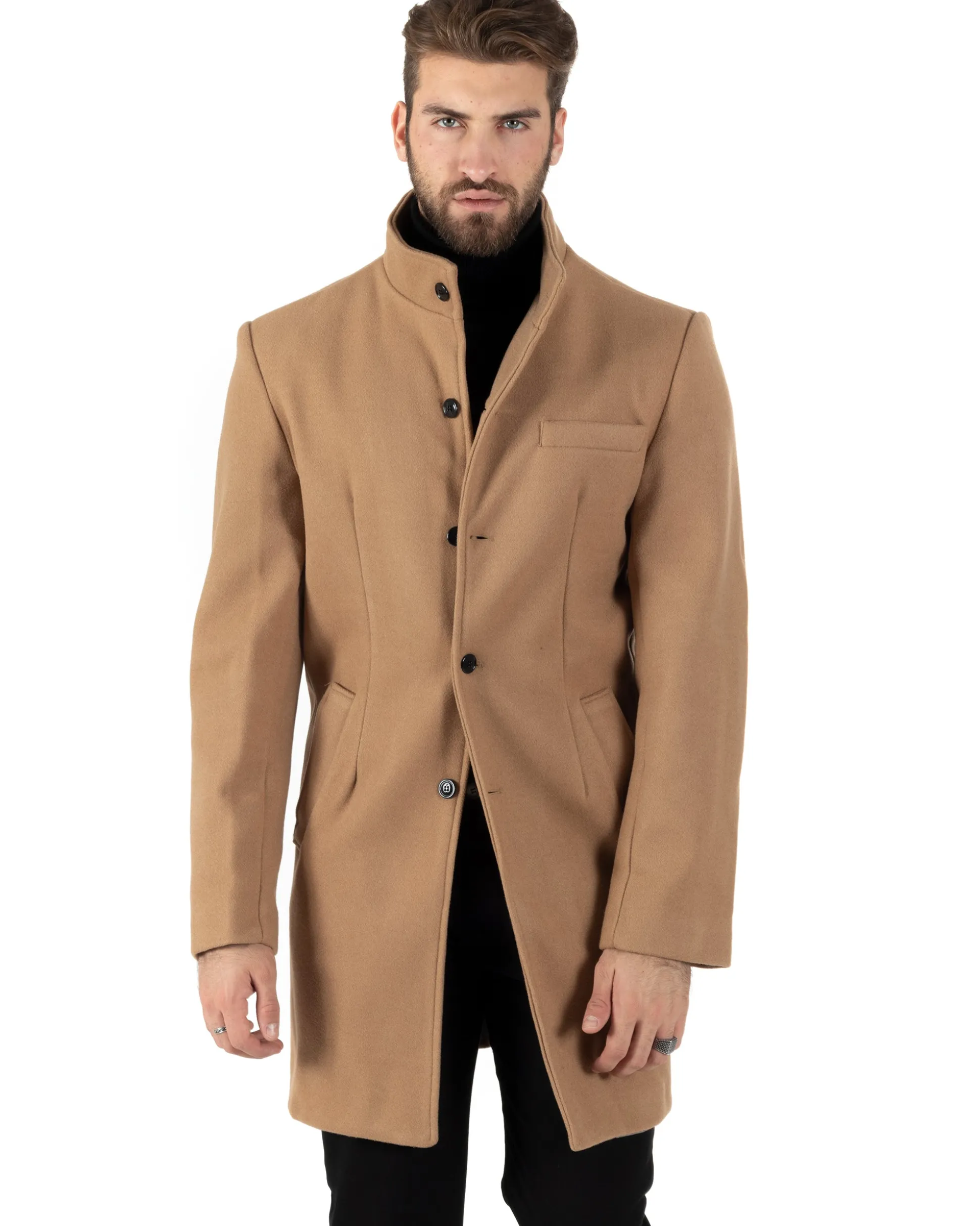 Cappotto Monopetto Uomo Giacca Collo Coreano Giaccone Lungo Camel Baronetto Elegante GIOSAL-CO1015A