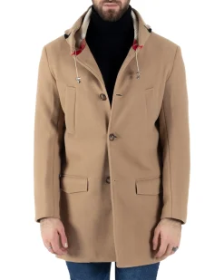 Cappotto Monopetto Uomo Giacca Giaccone Con Cappuccio In Lana Camel Baronetto Elegante GIOSAL-CO1030A