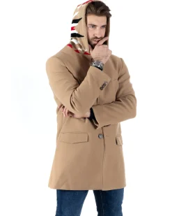 Cappotto Monopetto Uomo Giacca Giaccone Con Cappuccio In Lana Camel Baronetto Elegante GIOSAL-CO1030A