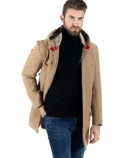 Cappotto Monopetto Uomo Giacca Giaccone Con Cappuccio In Lana Camel Baronetto Elegante GIOSAL-CO1030A