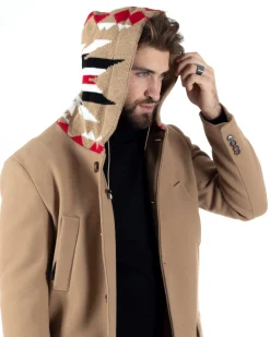 Cappotto Monopetto Uomo Giacca Giaccone Con Cappuccio In Lana Camel Baronetto Elegante GIOSAL-CO1030A