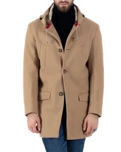 Cappotto Monopetto Uomo Giacca Giaccone Con Cappuccio In Lana Camel Baronetto Elegante GIOSAL-CO1030A