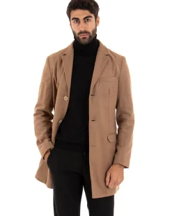Cappotto Monopetto Uomo Giacca Colletto Rever Giaccone Tinta Unita Camel Baronetto Elegante GIOSAL-CO1022A
