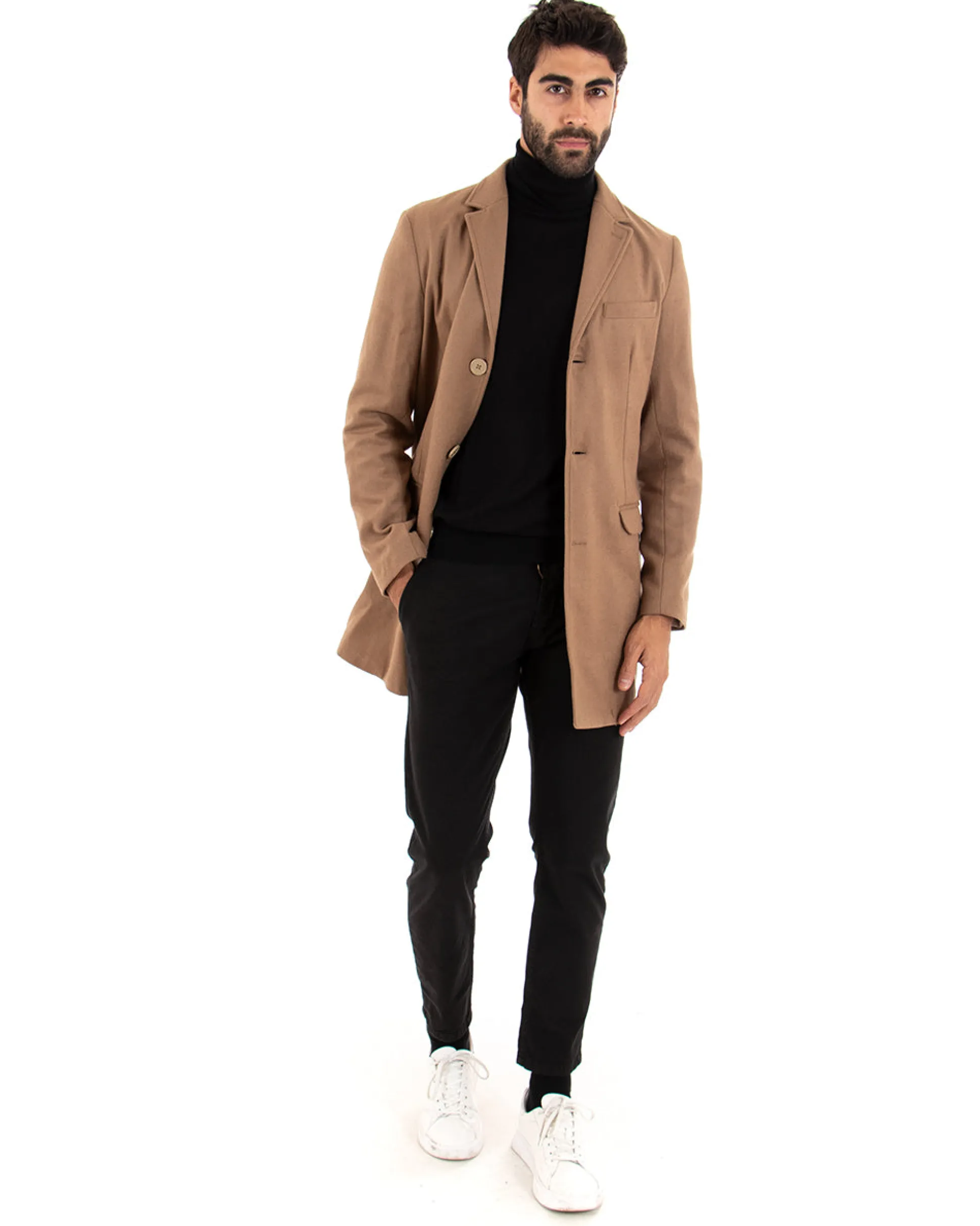 Cappotto Monopetto Uomo Giacca Colletto Rever Giaccone Tinta Unita Camel Baronetto Elegante GIOSAL-CO1022A