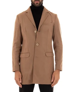 Cappotto Monopetto Uomo Giacca Colletto Rever Giaccone Tinta Unita Camel Baronetto Elegante GIOSAL-CO1022A