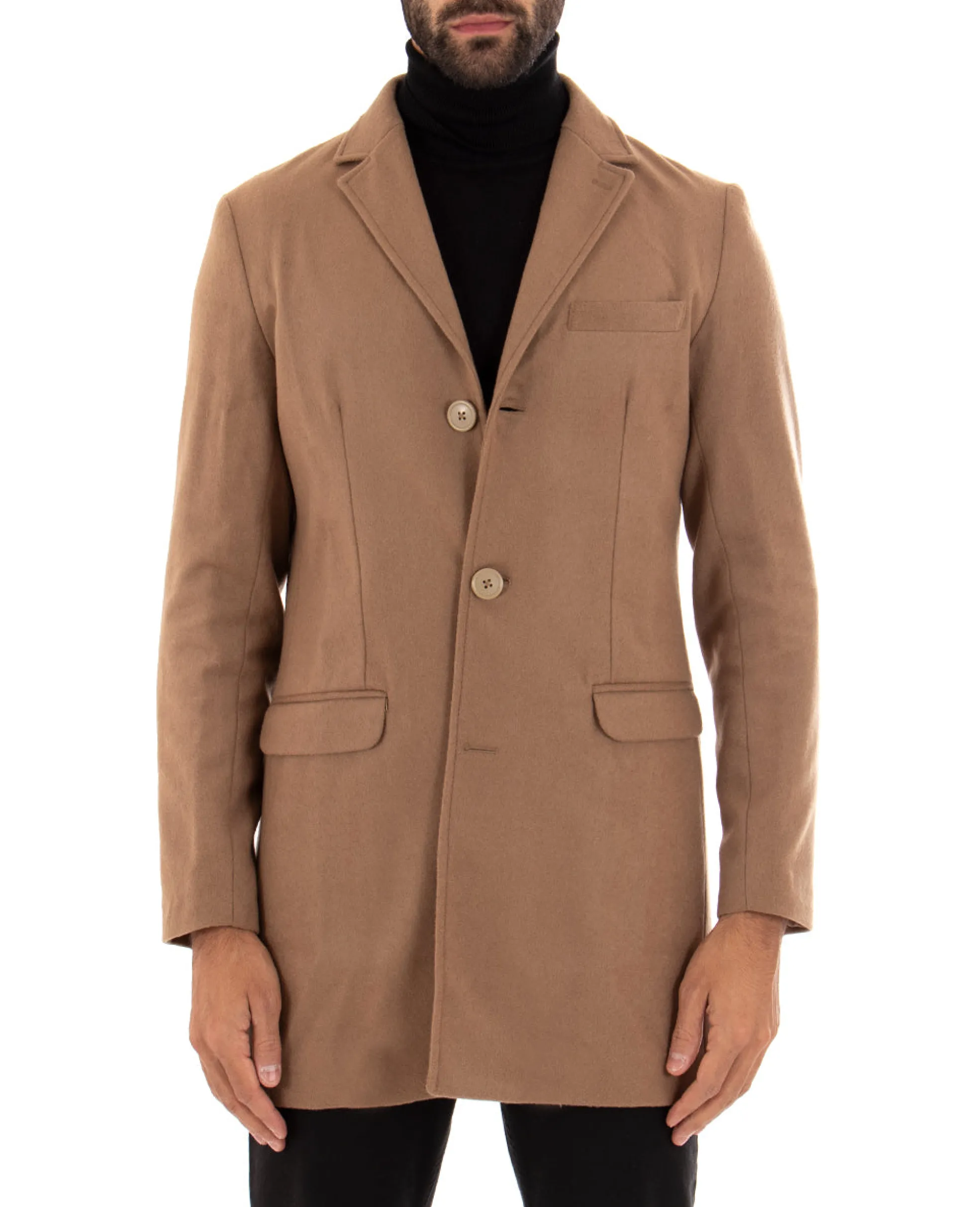 Cappotto Monopetto Uomo Giacca Colletto Rever Giaccone Tinta Unita Camel Baronetto Elegante GIOSAL-CO1022A