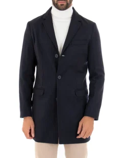 Cappotto Monopetto Uomo Giacca Colletto Rever Giaccone Tinta Unita Blu Baronetto Elegante GIOSAL-CO1069A