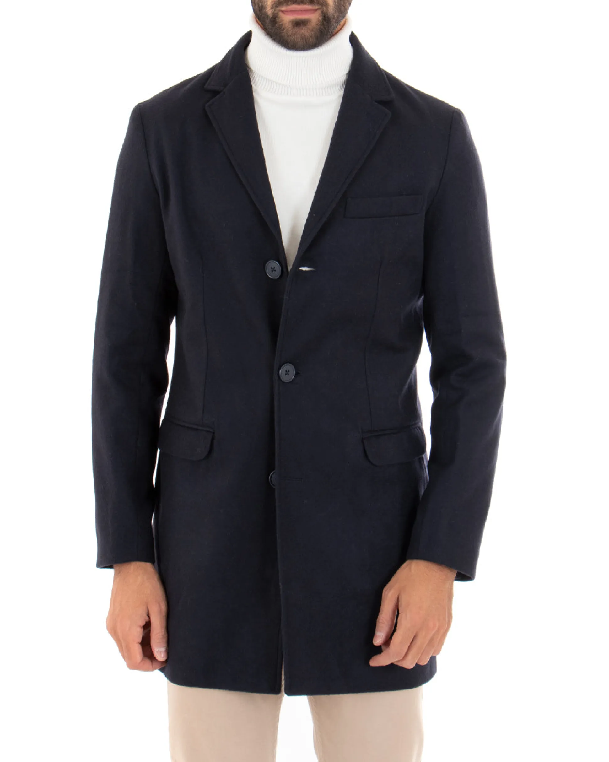 Cappotto Monopetto Uomo Giacca Colletto Rever Giaccone Tinta Unita Blu Baronetto Elegante GIOSAL-CO1069A