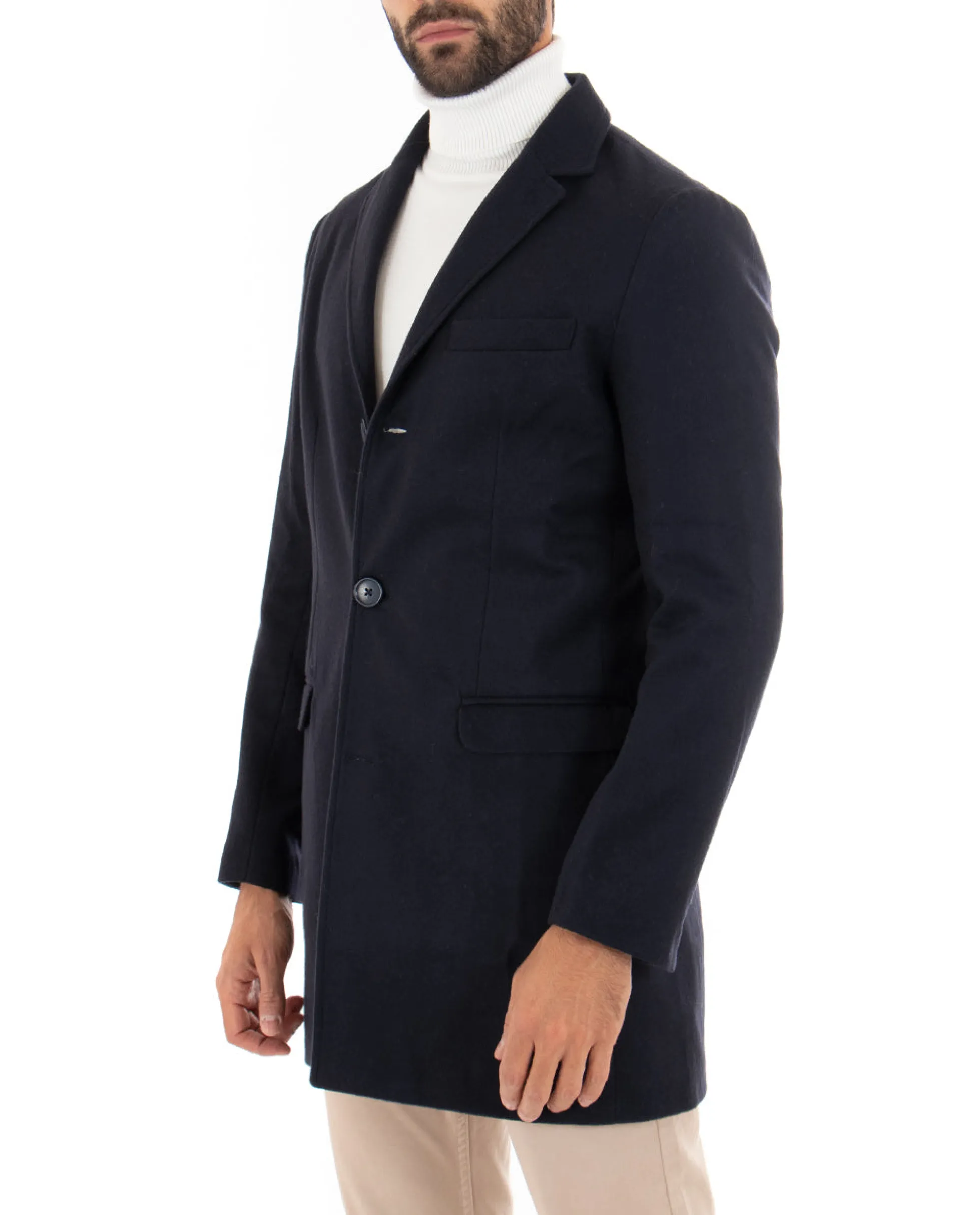 Cappotto Monopetto Uomo Giacca Colletto Rever Giaccone Tinta Unita Blu Baronetto Elegante GIOSAL-CO1069A