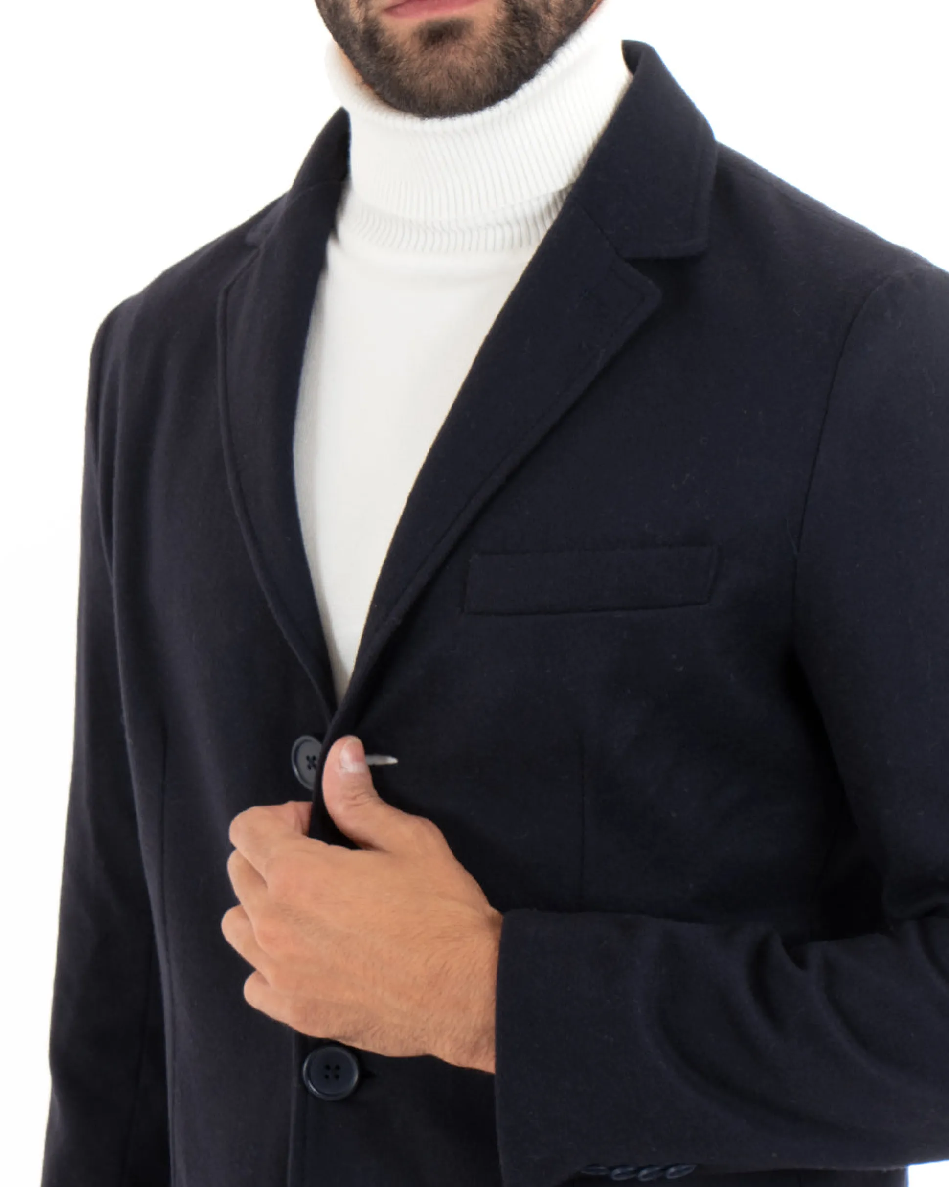 Cappotto Monopetto Uomo Giacca Colletto Rever Giaccone Tinta Unita Blu Baronetto Elegante GIOSAL-CO1069A