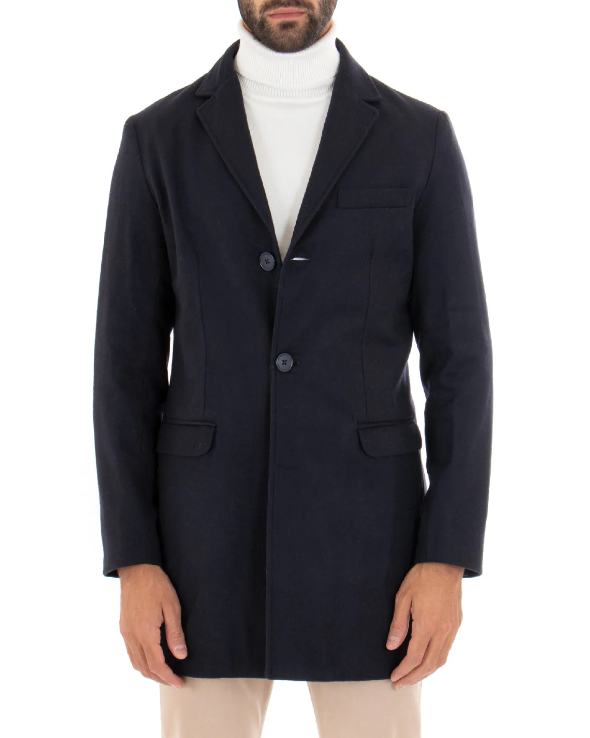 Cappotto Monopetto Uomo Giacca Colletto Rever Giaccone Tinta Unita Blu Baronetto Elegante GIOSAL-CO1069A