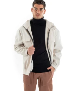 Cappotto Uomo Camoscio Giubbotto Con Cappuccio Giacca Calda Con Zip Tinta Unita Panna Casual GIOSAL-G2948A