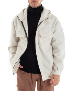 Cappotto Uomo Camoscio Giubbotto Con Cappuccio Giacca Calda Con Zip Tinta Unita Panna Casual GIOSAL-G2948A
