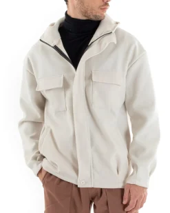 Cappotto Uomo Camoscio Giubbotto Con Cappuccio Giacca Calda Con Zip Tinta Unita Panna Casual GIOSAL-G2948A