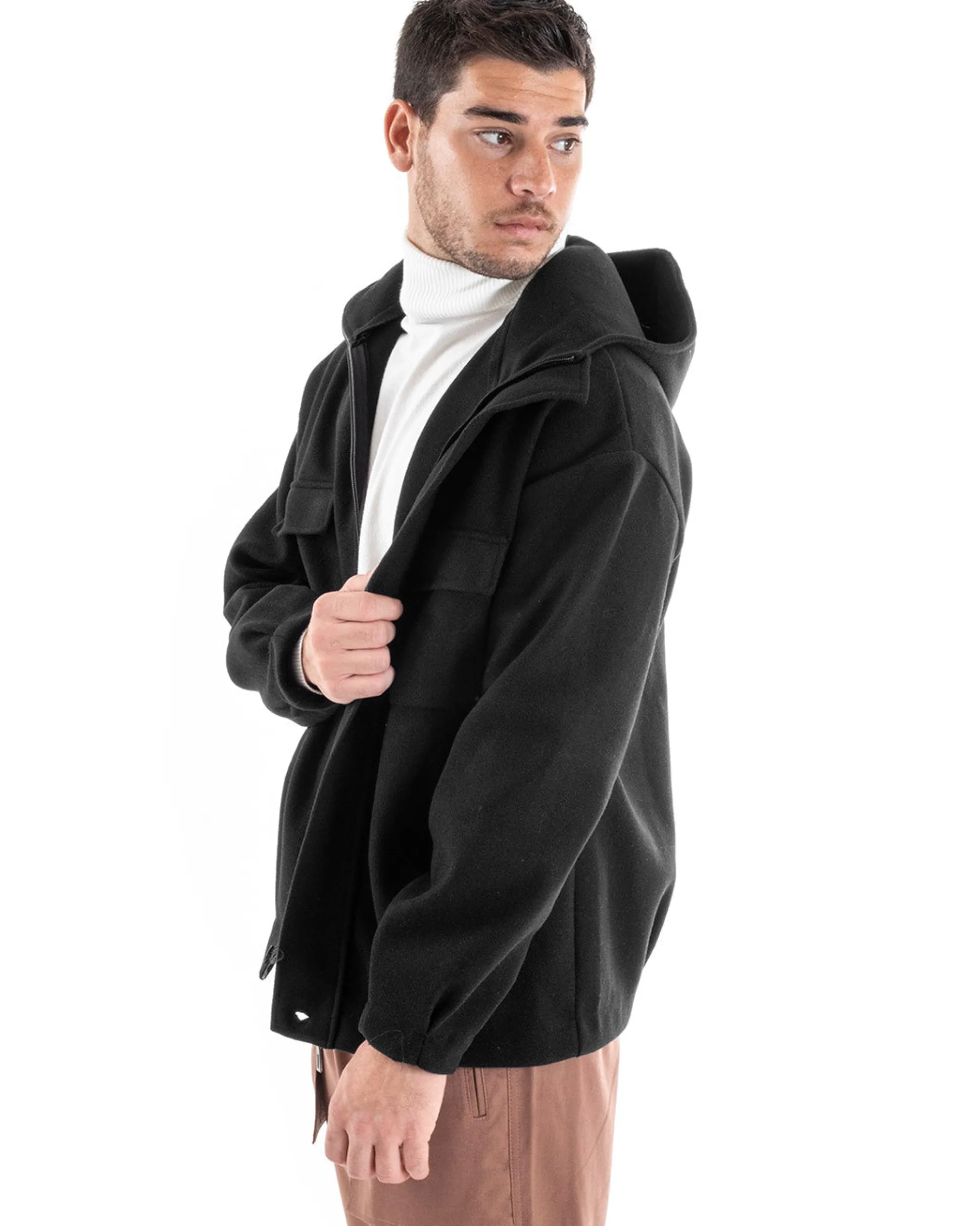 Cappotto Uomo Camoscio Giubbotto Con Cappuccio Giacca Calda Con Zip Tinta Unita Nero GIOSAL-G2947A