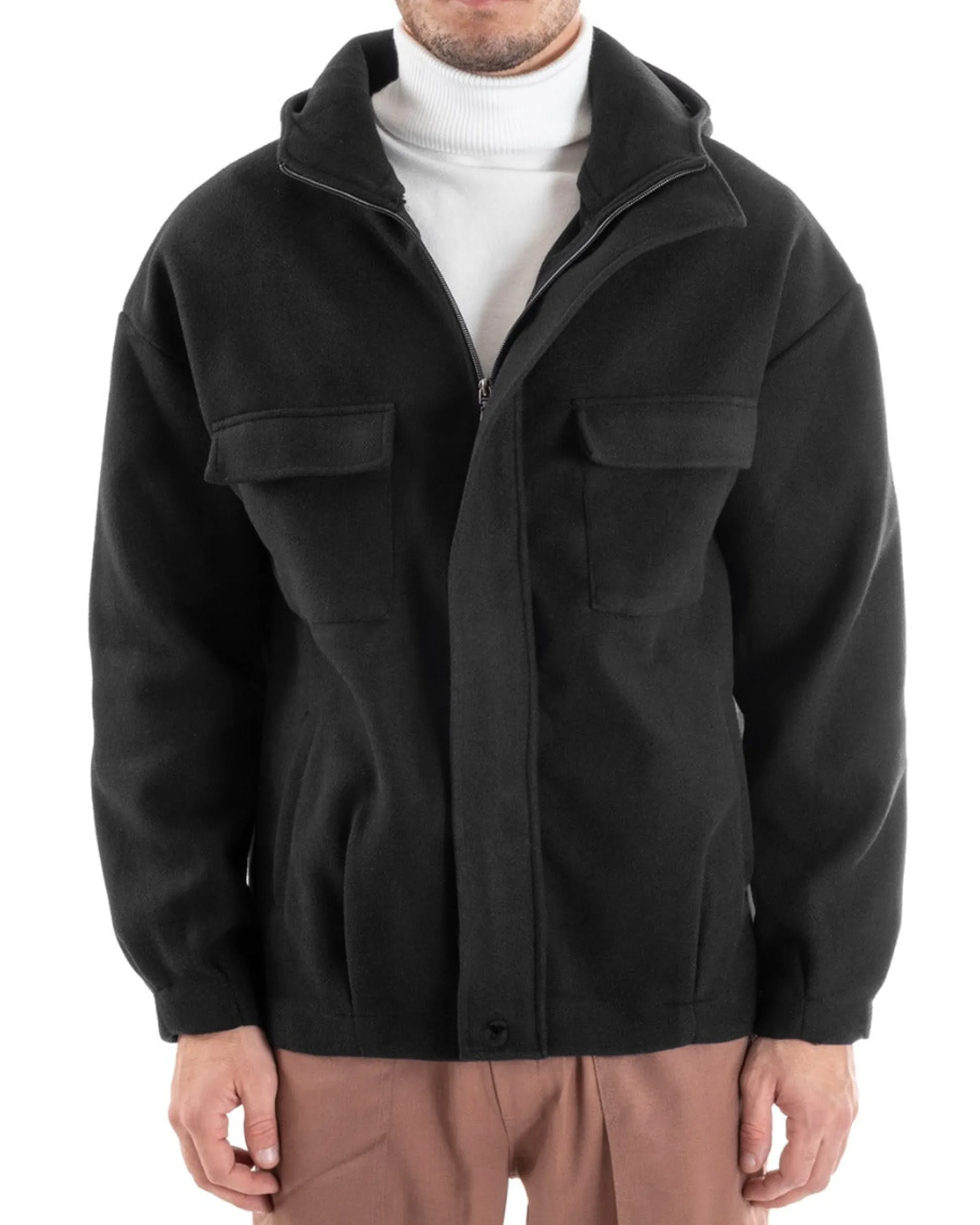 Cappotto Uomo Camoscio Giubbotto Con Cappuccio Giacca Calda Con Zip Tinta Unita Nero GIOSAL-G2947A