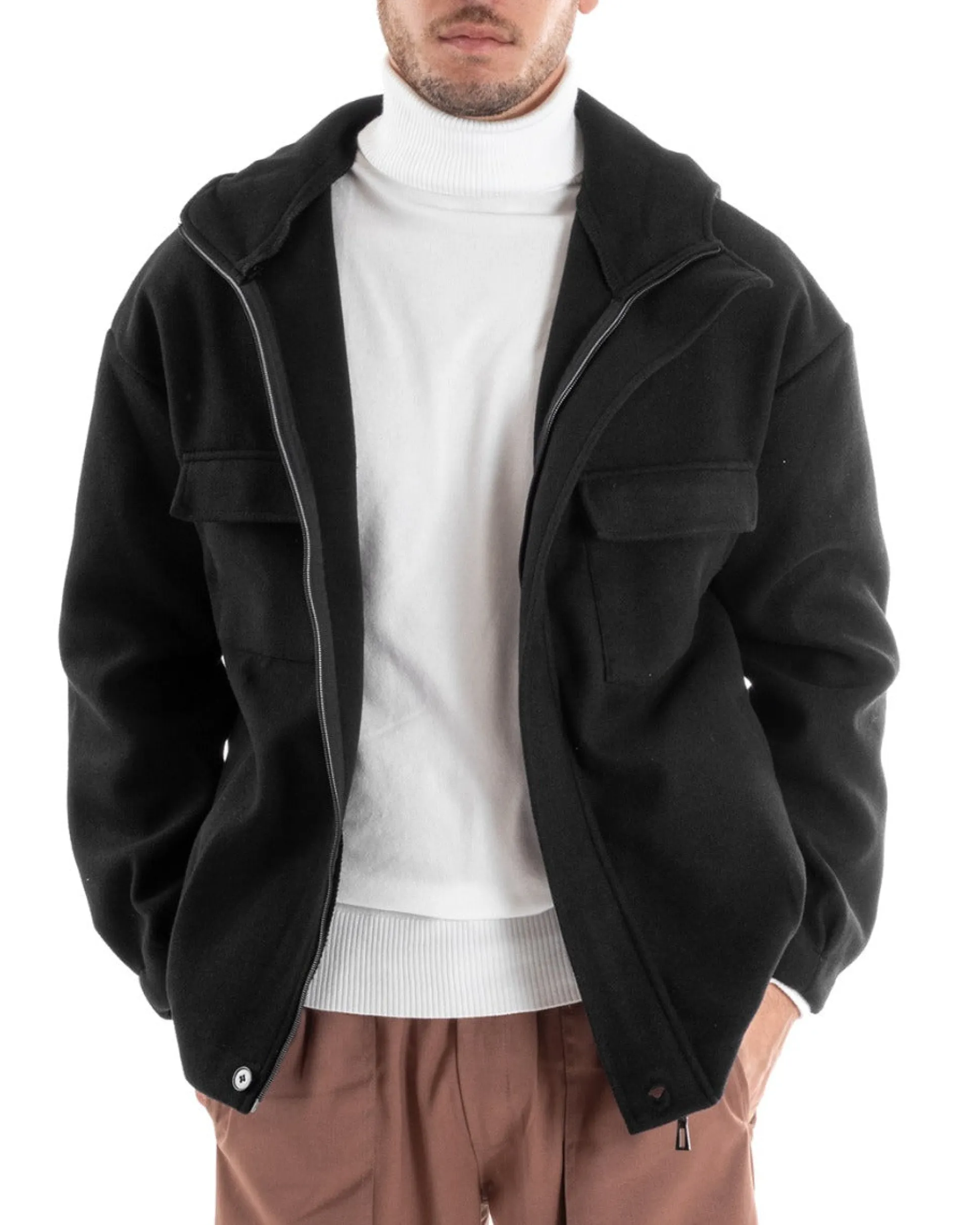 Cappotto Uomo Camoscio Giubbotto Con Cappuccio Giacca Calda Con Zip Tinta Unita Nero GIOSAL-G2947A
