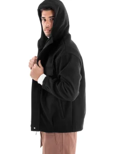 Cappotto Uomo Camoscio Giubbotto Con Cappuccio Giacca Calda Con Zip Tinta Unita Nero GIOSAL-G2947A