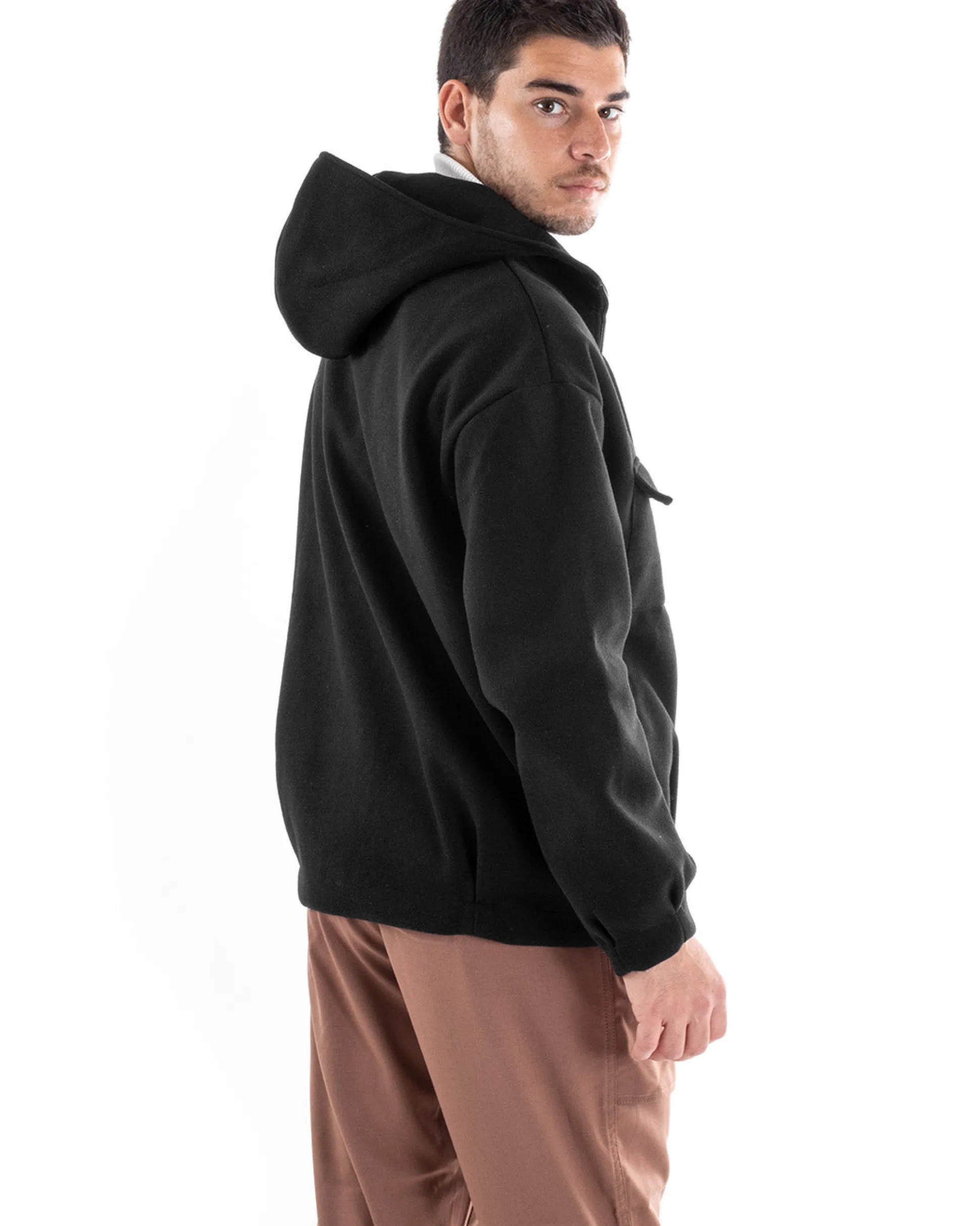 Cappotto Uomo Camoscio Giubbotto Con Cappuccio Giacca Calda Con Zip Tinta Unita Nero GIOSAL-G2947A