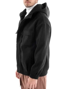 Cappotto Uomo Camoscio Giubbotto Con Cappuccio Giacca Calda Con Zip Tinta Unita Nero GIOSAL-G2947A