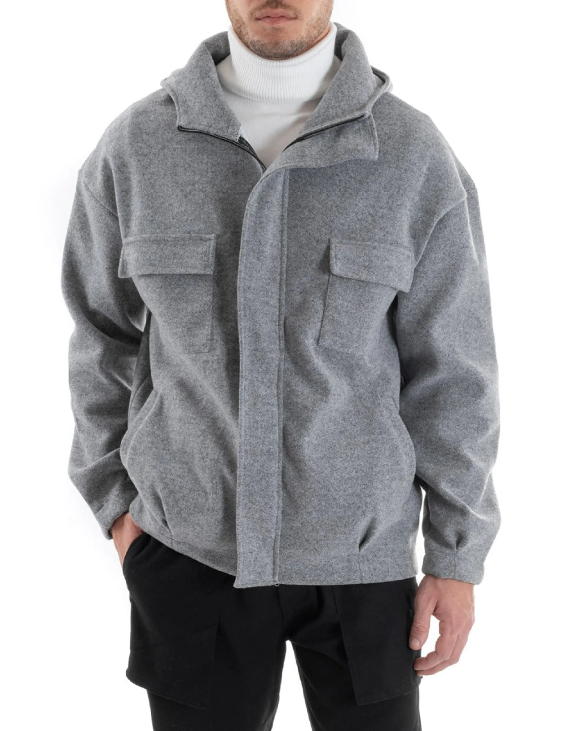 Cappotto Uomo Camoscio Giubbotto Con Cappuccio Giacca Calda Con Zip Tinta Unita Grigio GIOSAL-G2945A