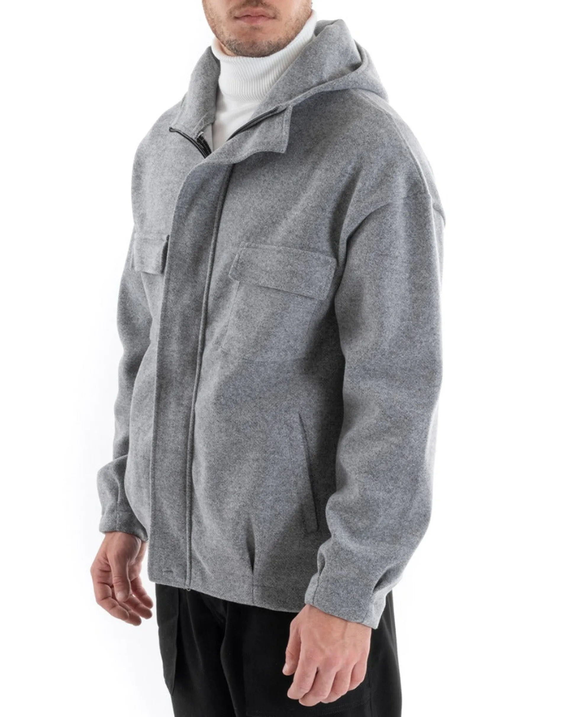 Cappotto Uomo Camoscio Giubbotto Con Cappuccio Giacca Calda Con Zip Tinta Unita Grigio GIOSAL-G2945A
