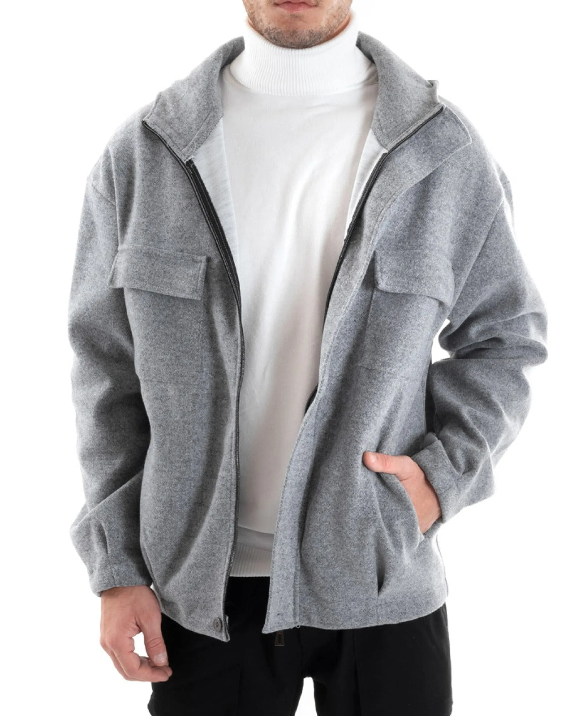 Cappotto Uomo Camoscio Giubbotto Con Cappuccio Giacca Calda Con Zip Tinta Unita Grigio GIOSAL-G2945A