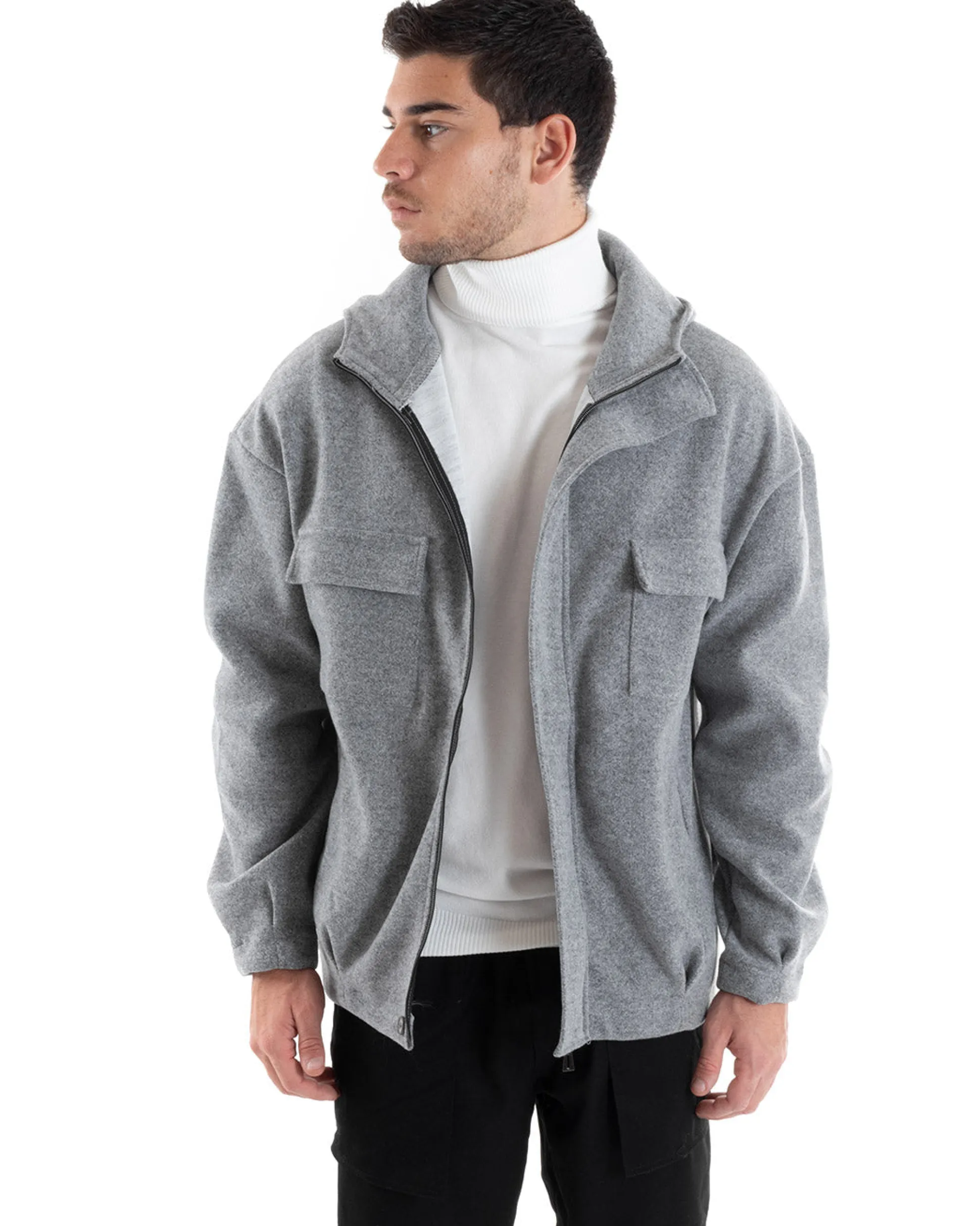 Cappotto Uomo Camoscio Giubbotto Con Cappuccio Giacca Calda Con Zip Tinta Unita Grigio GIOSAL-G2945A