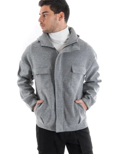 Cappotto Uomo Camoscio Giubbotto Con Cappuccio Giacca Calda Con Zip Tinta Unita Grigio GIOSAL-G2945A