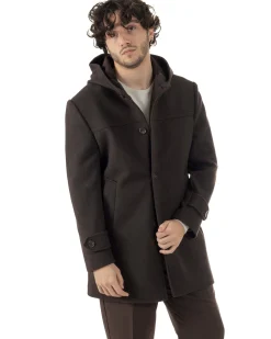 Cappotto Uomo Cappuccio Monopetto Tinta Unita Marrone CO1106A