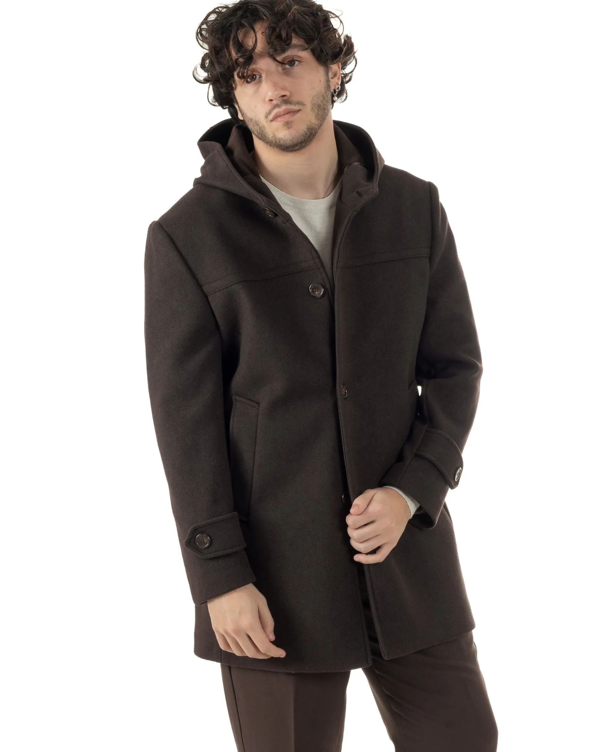 Cappotto Uomo Cappuccio Monopetto Tinta Unita Marrone CO1106A