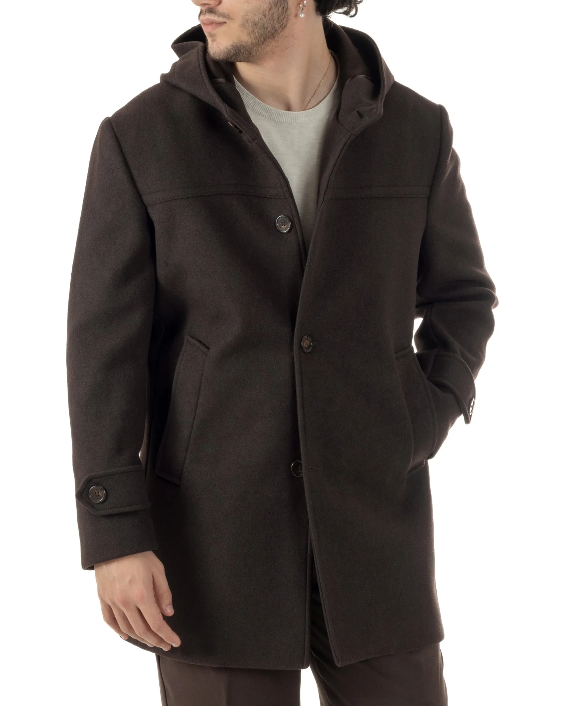 Cappotto Uomo Cappuccio Monopetto Tinta Unita Marrone CO1106A