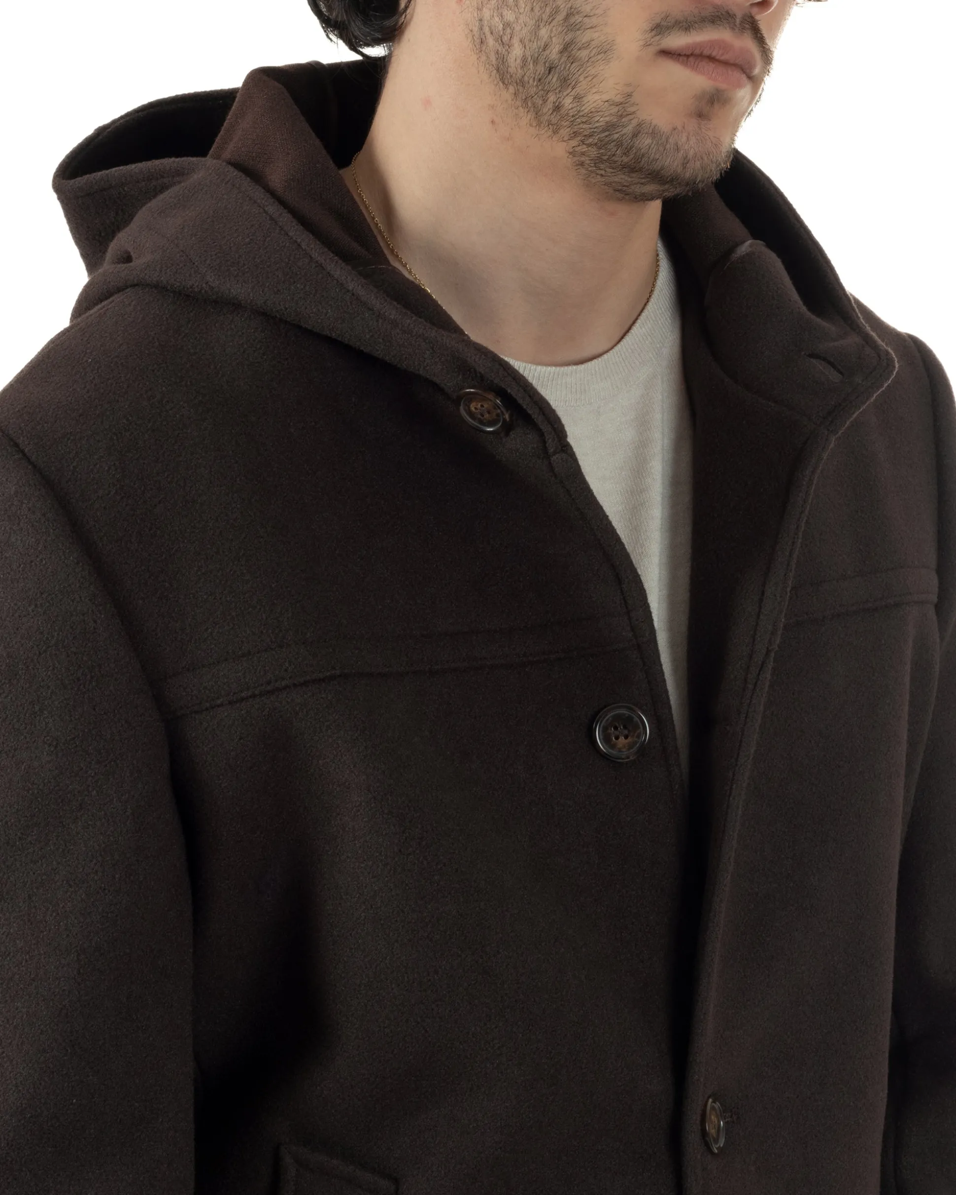 Cappotto Uomo Cappuccio Monopetto Tinta Unita Marrone CO1106A