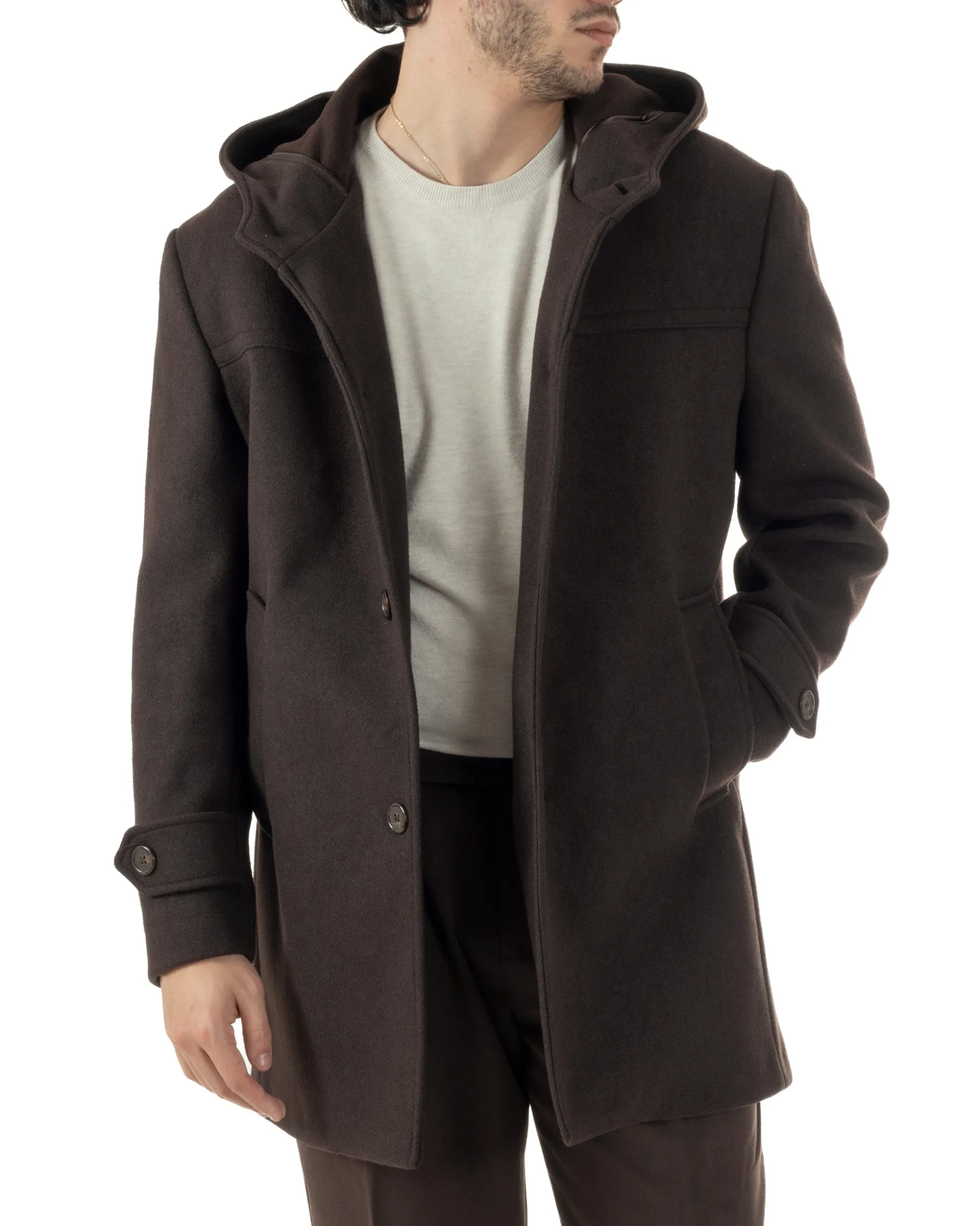 Cappotto Uomo Cappuccio Monopetto Tinta Unita Marrone CO1106A