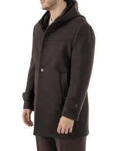 Cappotto Uomo Cappuccio Monopetto Tinta Unita Marrone CO1106A