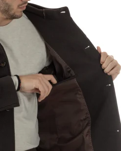 Cappotto Uomo Cappuccio Monopetto Tinta Unita Marrone CO1106A