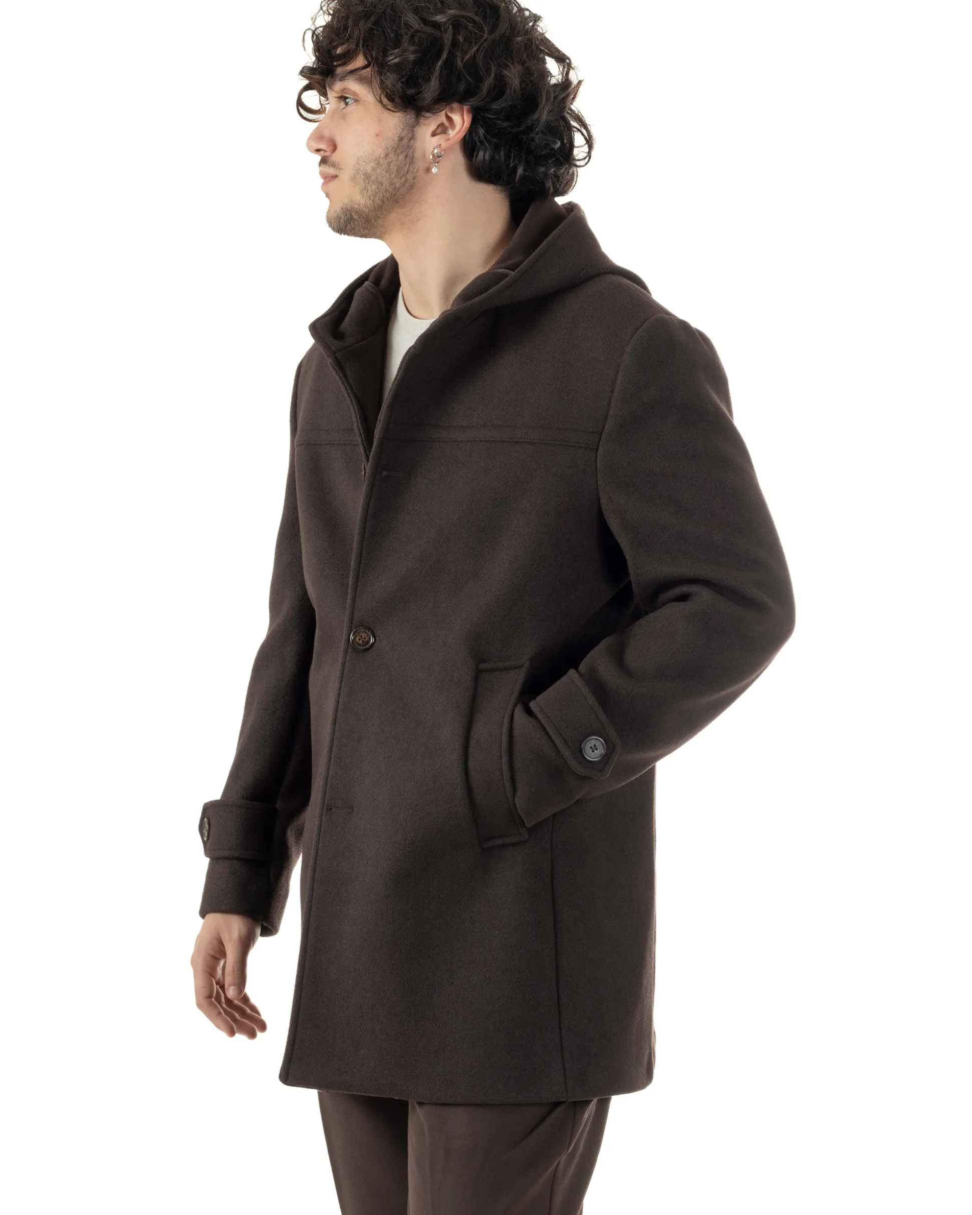 Cappotto Uomo Cappuccio Monopetto Tinta Unita Marrone CO1106A