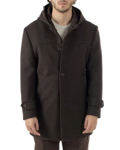 Cappotto Uomo Cappuccio Monopetto Tinta Unita Marrone CO1106A