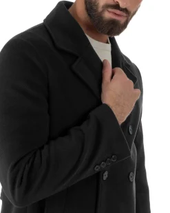 Cappotto Uomo Corto Doppiopetto Martingala Giaccone In Panno Nero CO1100A