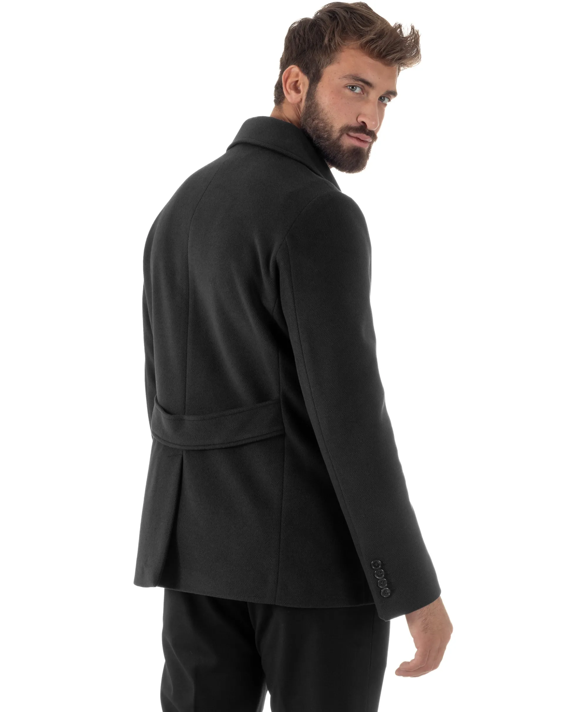 Cappotto Uomo Corto Doppiopetto Martingala Giaccone In Panno Nero CO1100A