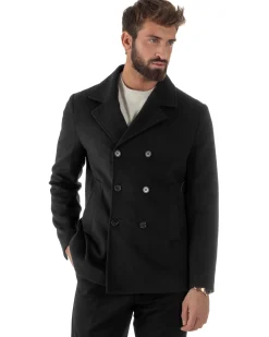 Cappotto Uomo Corto Doppiopetto Martingala Giaccone In Panno Nero CO1100A