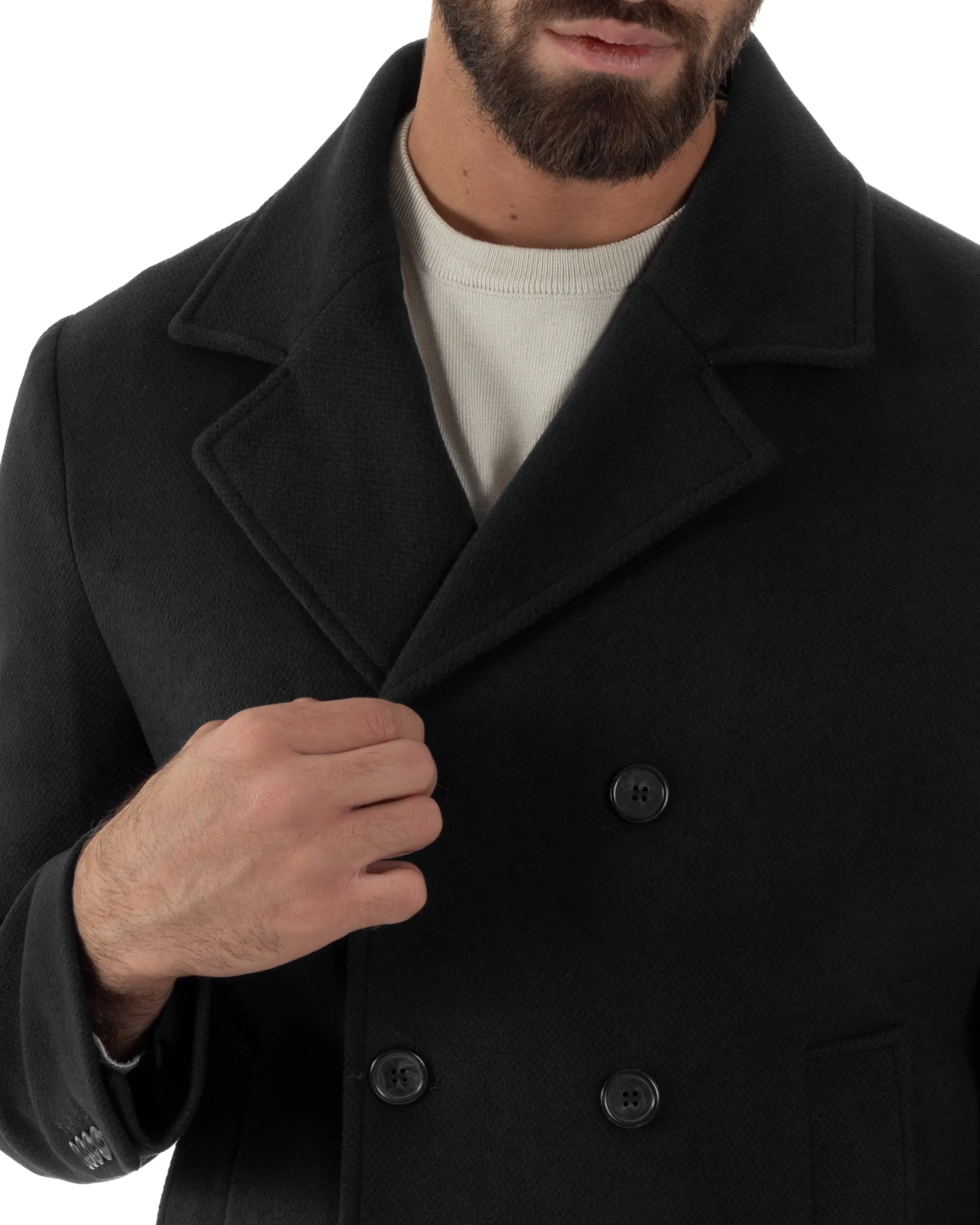 Cappotto Uomo Corto Doppiopetto Martingala Giaccone In Panno Nero CO1100A